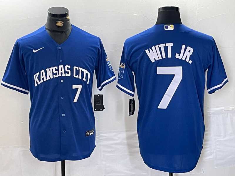 Mens Kansas City Royals #7 Bobby Witt Jr Number Blue Cool Base Stitched MLB Jersey